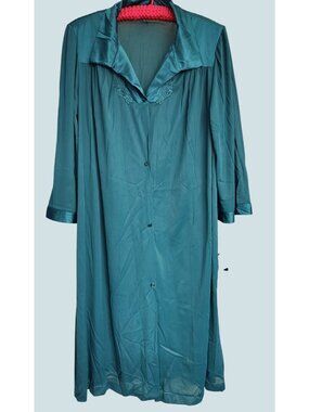 Vanity Fair Robe Housecoat Women's L Large Nylon Button Front Teal Blue Applique